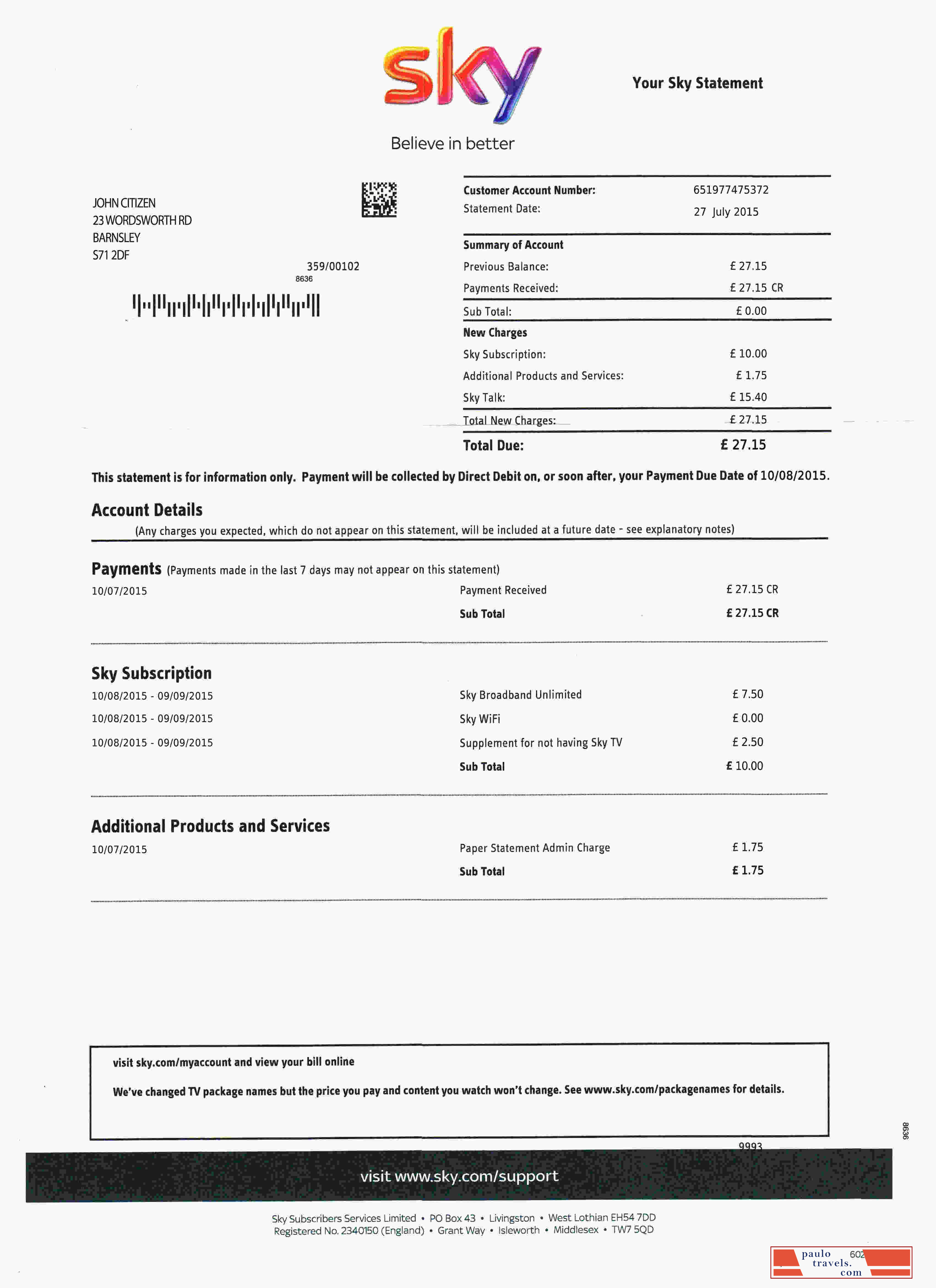 United Kingdom Sky utility bill template, fully editable in PSD format